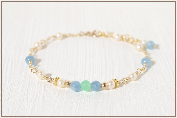 クリソプレーズ＋アクアマリン＋淡水パールK14GFチェーンブレスレット