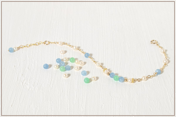 クリソプレーズ＋アクアマリン＋淡水パールK14GFチェーンブレスレット