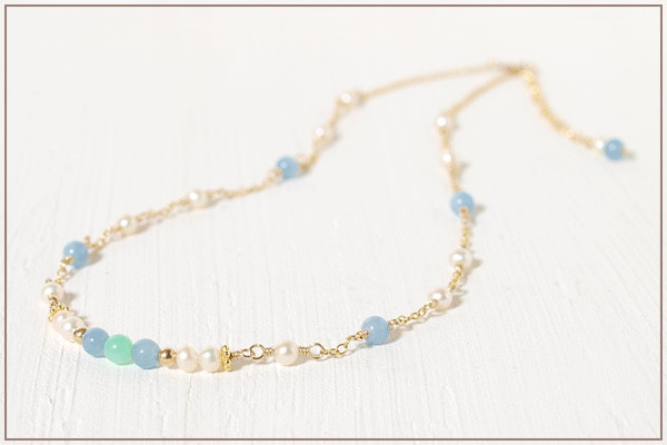クリソプレーズ＋アクアマリン＋淡水パールK14GFチェーンネックレス