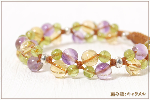 パープルフローライト+シトリン+ペリドット花*花マクラメブレスレット
