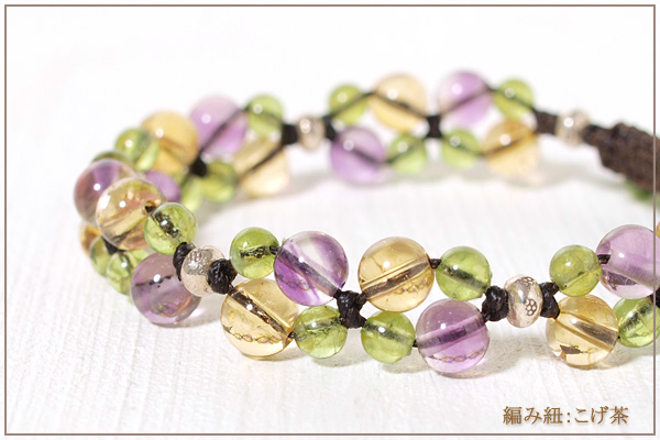 パープルフローライト+シトリン+ペリドット花*花マクラメブレスレット