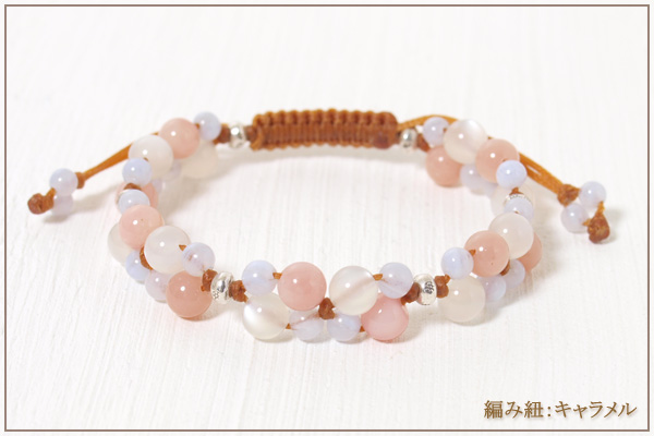 ピンクオパール+ムーンストーン+ブルーレース花*花マクラメブレスレット