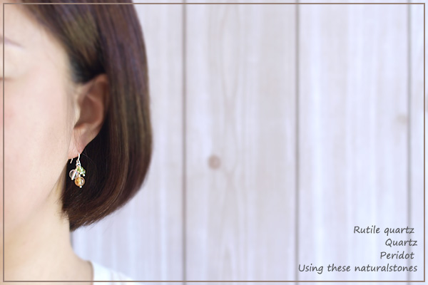 ルチルクォーツ+水晶+ペリドット花*花ピアス・イヤリング
