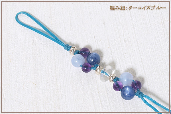 ブルーレース+カイヤナイト+アメジスト花*花マクラメ携帯ストラップ