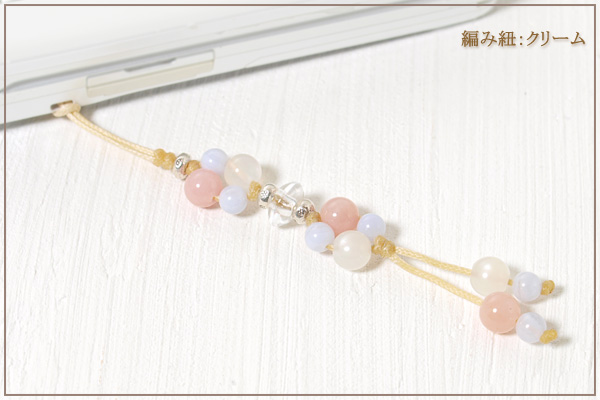 ピンクオパール+ムーンストーン+ブルーレース花*花マクラメ携帯ストラップ