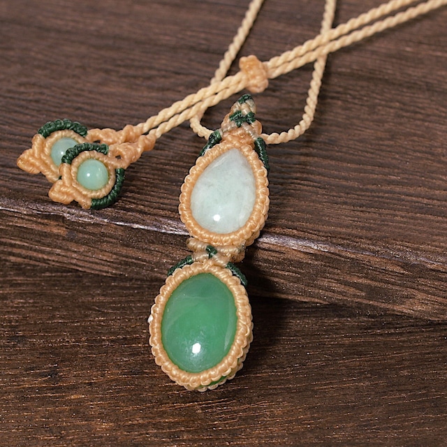 【一点物】ジェダイト＋クリソプレーズ連結マクラメネックレスNo.3