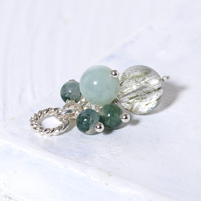 【限定】アクチノライトインクォーツ＋ジェダイト＋モスアゲートsilver925ペンダントトップ