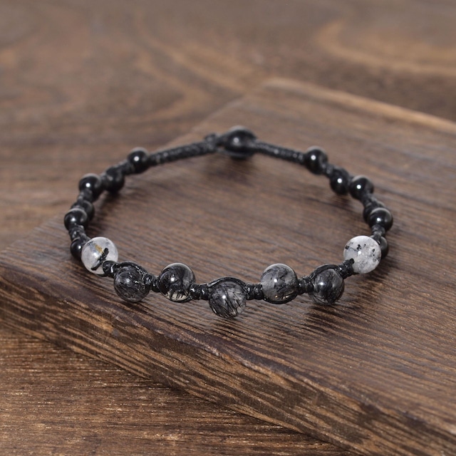 【限定】ブラックトルマリン入り水晶＋ブラックトルマリンつゆマクラメブレスレット