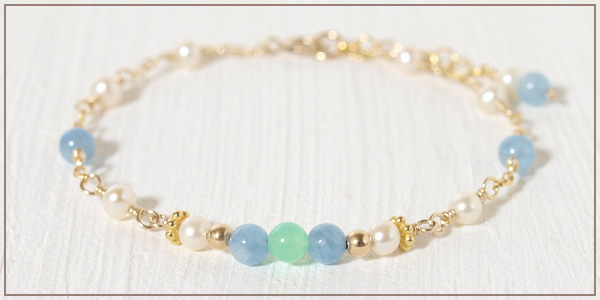 クリソプレーズ＋アクアマリン＋淡水パールK14GFチェーンブレスレット